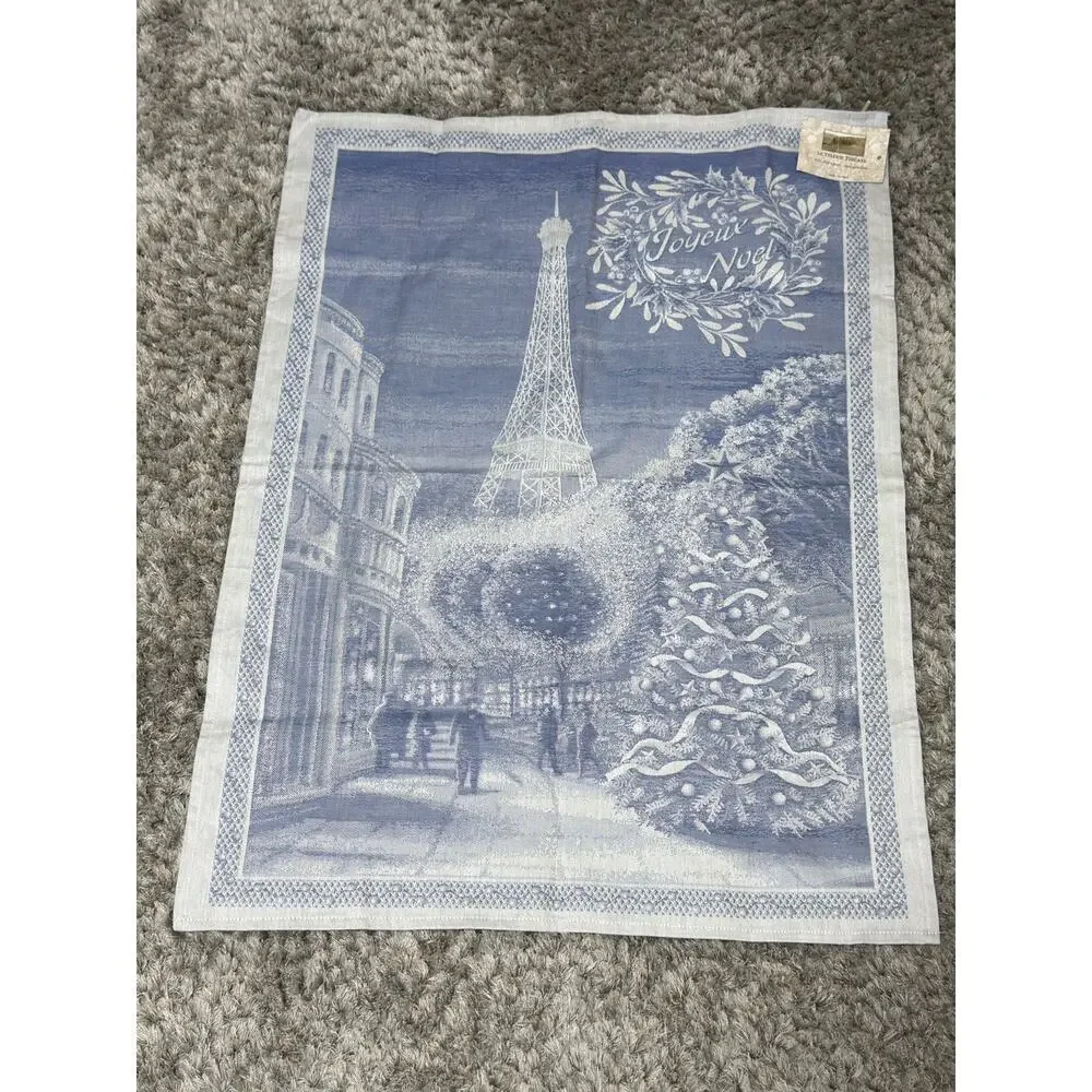 Le Telerie Toscane Joyeux Noel Blue Tea Towel NWT Eiffel Tower Paris France